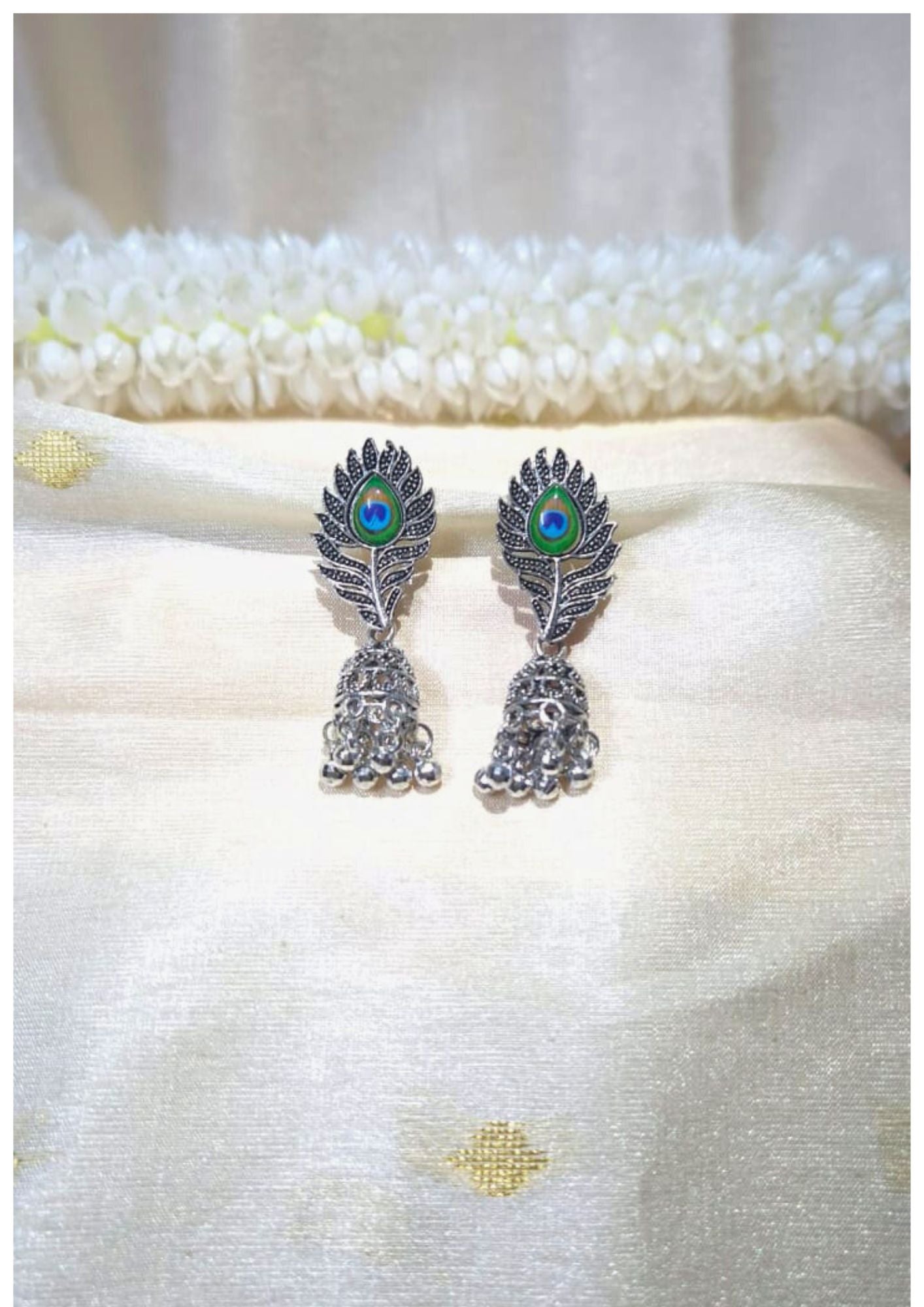 Antique Silver Peacock Feather Jhumka