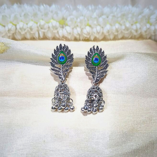 Antique Silver Peacock Feather Jhumka